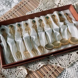 RARE Ornate Gold Hammered Miniature Tea Spoon Fork Utensil Appetizer Set